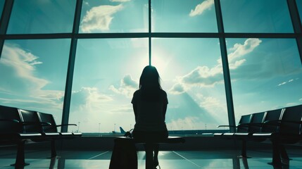 Traveling by plane, woman passanger waiting in airport, sihlouette