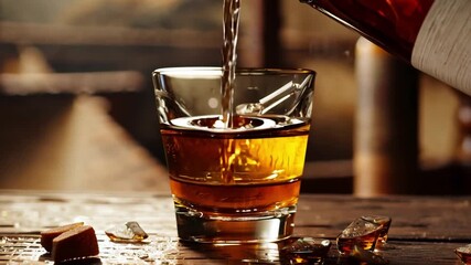 Slow motion medium dolly shot of pouring whiskey into a rocks glass with ice cubes. Shot in Slovenia
