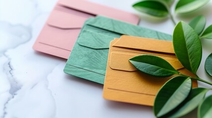 A selection of pastel-colored fabric swatches laid out in a fan shape on a marble surface.