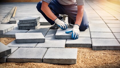 Close-up of a worker installing stone pavers on a gravel surface, showcasing craftsmanship in outdoor renovation.