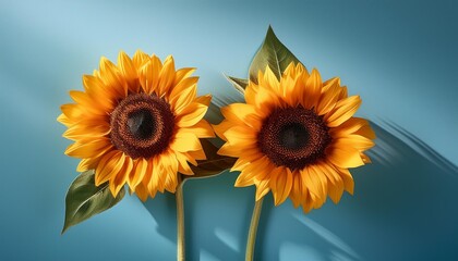 Obraz premium Bright and vibrant sunflowers display their stunning yellow petals against a serene blue background, symbolizing happiness and warmth.