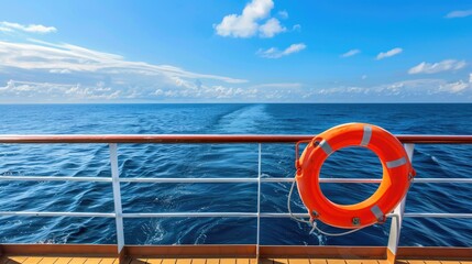 orange lifebuoy sits on the railing of a cruise ship at sea
