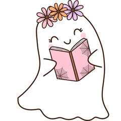 Ghost reading book clipart, Groovy retro halloween bookish illustration, Spooky season, Hippie vintage style
