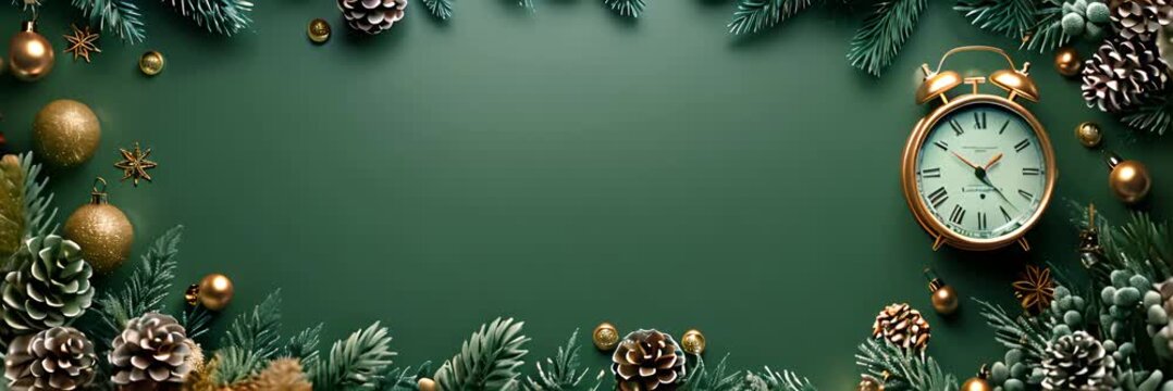 Christmas background of fir balls and clock