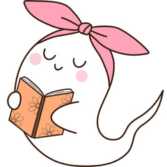 Ghost reading book clipart, Groovy retro halloween bookish illustration, Spooky season, Hippie vintage style