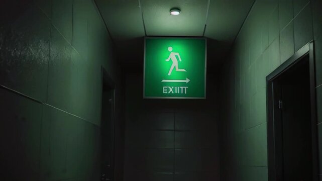 The video shows a green exit sign with a running person and arrow, in a dimly lit hallway with a door.