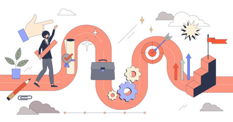 Employment goals and career success path tiny person neubrutalism concept, transparent background. Goals, targets, challenges and productive work as effective strategy.