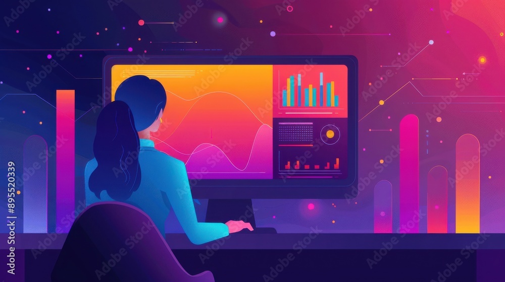 Poster digital screen with charts and graphs of learner data, personalized recommendations and learning pat