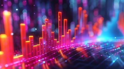 Vibrant abstract graphic with colorful bars and glowing lines, representing data visualization and digital technology concepts.