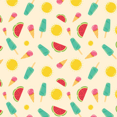 Summer seamless pattern design with cute ice cream, popsicle, watermelon and sun isolated on background. Summer background design.