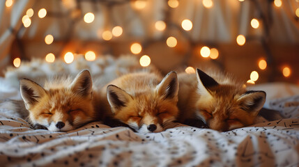 Three baby foxes sleep soundly in a warm bed. In the background, glowing light bulbs hang from the ceiling.