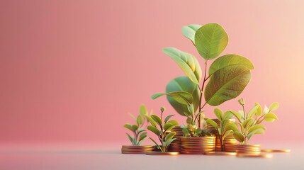 A thriving plant grows from stacked coins, symbolizing growth, investment, and environmental sustainability.