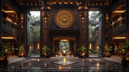 Fototapeta premium A luxurious lobby with elegant furnishings, a grand fireplace, and decorative elements, creating a warm and inviting atmosphere. 
