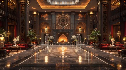 Obraz premium Luxurious hotel lobby featuring ornate decor, elegant seating, and a warm fireplace ambiance 