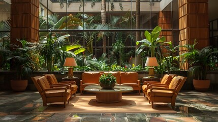 Fototapeta premium A warm and inviting hotel lobby featuring stylish orange furniture surrounded by lush greenery and natural light. 