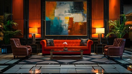 A luxurious hotel lobby featuring a vibrant orange sofa, elegant armchairs, stylish lamps, and a striking abstract painting, creating a warm and inviting atmosphere. 
