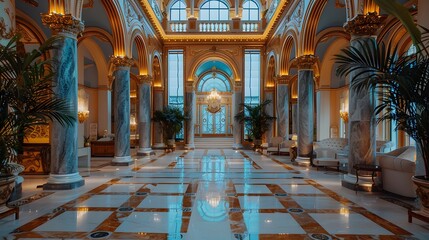A luxurious hotel lobby featuring elegant architecture, polished marble floors, and vibrant plant decor. 