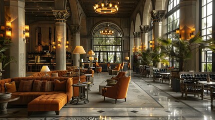 A luxurious hotel lobby featuring elegant decor, plush seating, and warm lighting creates an inviting atmosphere for guests. 