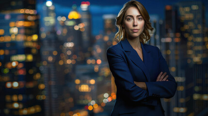 Young female executive in a stylish navy suit, standing with arms crossed in front of a boardroom