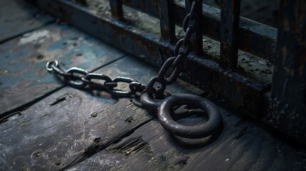 A damaged handcuff linked to an anklet and metal gate