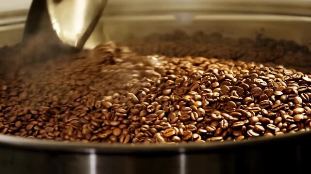 Coffee beans in a cup, scoop, and grinder