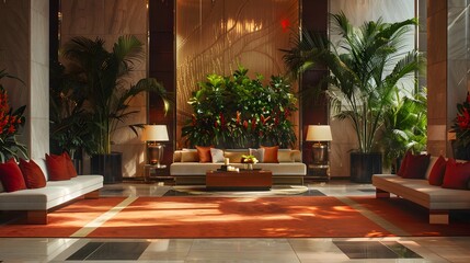 A luxurious hotel lobby featuring elegant seating arrangements, vibrant greenery, and tasteful decor, creating a welcoming atmosphere for guests. 