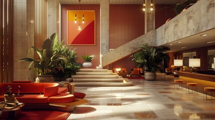 A stylish and modern lobby featuring vibrant colors, elegant furniture, and lush greenery, creating an inviting atmosphere for guests. 
