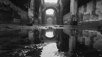 Fototapeta premium Black and white pictures under the bridge reflect 