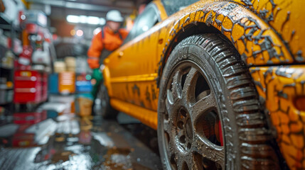 A close-up shot of a wet car wheel in a workshop with a worker in the background. The image captures the detail of the wheel and the workshop environment