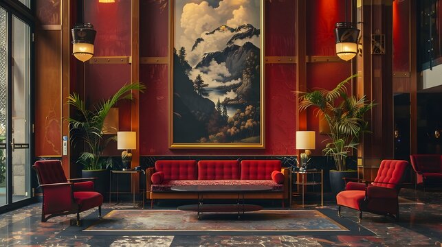A luxurious lounge with rich red decor, elegant seating, and a dramatic mountain landscape painting, creates an inviting atmosphere for relaxation and gatherings. 