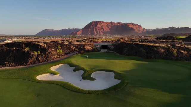 Aerial footage at sunrise of Black Desert Golf Course in Ivins, Utah, near St. George. The shot features the golf course with sand traps and a dramatic red rock mountain backdrop. Ivins, Utah, USA