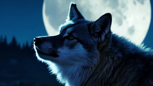 Close-up of a wolf on a full moon night