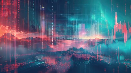 Fototapeta premium conceptual piece illustrating the integration of technology in financial trading, depicted as a digital landscape with abstract elements