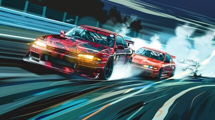 Drift racing cars on the speed track 