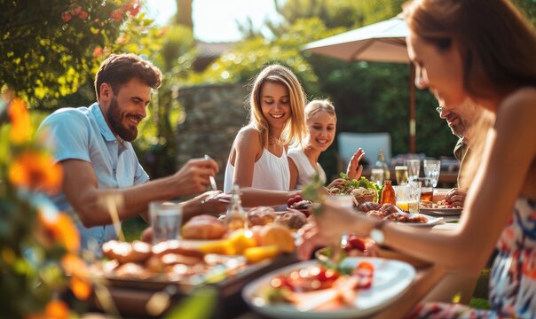 Outdoor barbeque party with family and family, grilled meats and an assortment of food