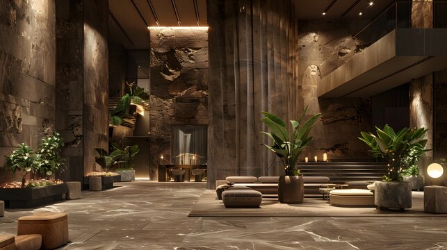 A luxurious and modern hotel lobby featuring elegant furnishings, contemporary decor, and lush greenery in a stylish, atmospheric setting.