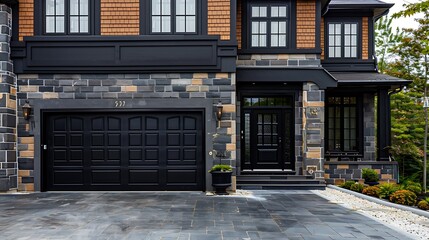 A lavish home in black and brown featuring a black door and a pair of garages
