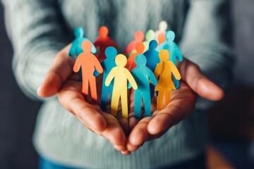 Colorful paper cutout figures symbolizing community and diversity in open human hands. Conceptual image for unity and support. Designed to convey a sense of care and inclusiveness. Generative AI