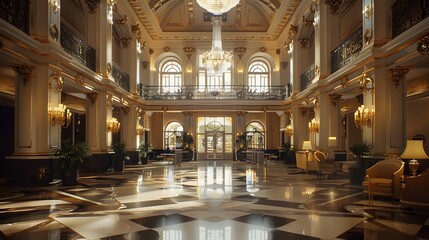 Obraz premium A luxurious hotel lobby featuring elegant chandeliers, ornate decor, and polished marble floors creating an inviting atmosphere. 