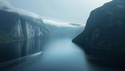 Aerial view of a narrow fjord surrounded by steep cliffs and mist.