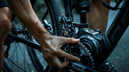 Fototapeta premium A detailed image of a cyclist's hands adjusting the gears on a bicycle, with a focus on the mechanical aspects and sustainable transportation technology.