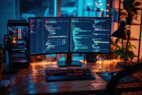 Dual monitor coding setup with warm lighting in a cozy workspace