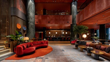 A luxurious and modern hotel lobby featuring a bold red curved sofa, elegant decor, and warm lighting, creating an inviting atmosphere for guests. 