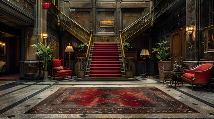 A luxurious and elegant hotel lobby featuring a grand staircase, plush red seating, intricate decor, and rich carpeting, evoking a sense of vintage sophistication. 