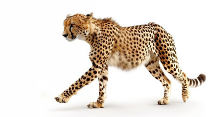 A striking cheetah stands alone against a pure white backdrop, showcasing intricate details in...