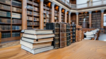 Obraz premium Nostalgic Charm of an Antique Bookstore - Vintage Books with Intricate Covers and Deep Depth of Field