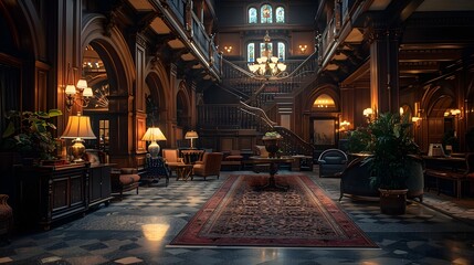 Obraz premium A luxurious, elegantly designed hotel lobby featuring rich wooden architecture, plush furnishings, and warm lighting that creates an inviting atmosphere. 