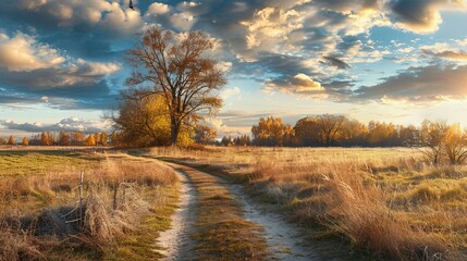 Obraz premium The rustic natural environment with a calm footpath. Autumn season landscape panorama with trees and evening sky.