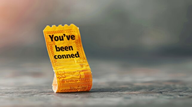 Fake lottery ticket with You‚Äôve been conned text, Con Job, false promises and disappointment