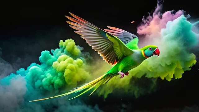 Green Parrot Flying Through Colorful Smoke.